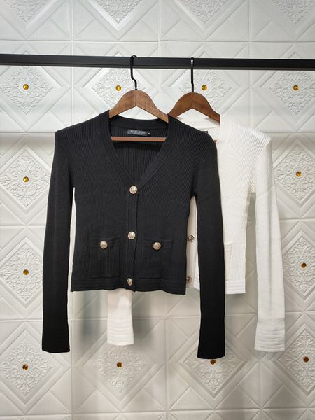 Luxus Designer Schwarz Weiß Jacken Dame Herbst Winter frauen Gestrickte Schulter Pad jacke V-ausschnitt Pullover Größe S M L