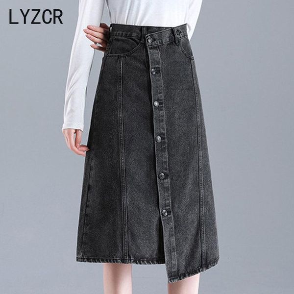 

high waist skirt denim plus size button vintage faldas skirts for women midi a line jeans womens big, Black