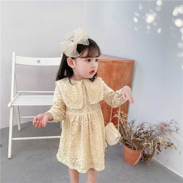 

spring kids dress for girls autumn baby girl hollow out turn-down collar long sleeve lace princess 210615, Red;yellow