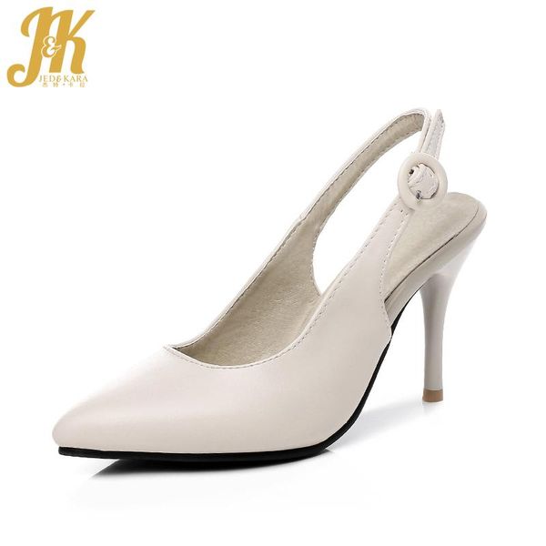 

summer thin high heels sandals women pointed toe pu footwear fashion back strap office ladies shoes big size 45, Black