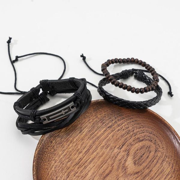 

link, chain 4pcs/ set braided wrap cross leather bracelets for men womens beads bracelet charm mens jewellery boho ethnic wristbands, Black