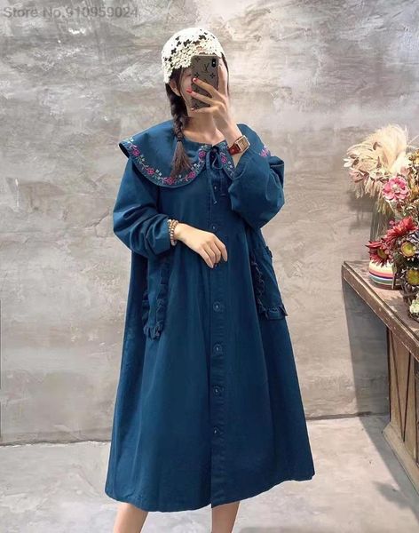 

casual dresses 2021 spring autumn winter women clothing embroidery loose long sleeve mori girl vintage dress, Black;gray