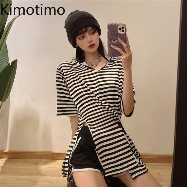 

kimotimo design t shirt women ins summer striped split korean vintage v neck short sleeve leopard graphic shirts fashion women's t-shi, White
