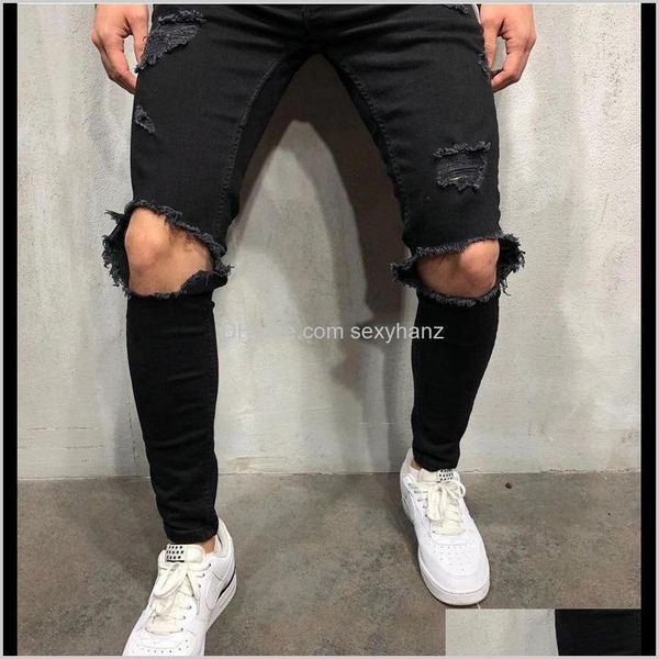 

clothing apparel drop delivery 2021 high streetwear men knee holes decor black jeans with zipper slim fit elasticity skinny ripped pants for, Blue