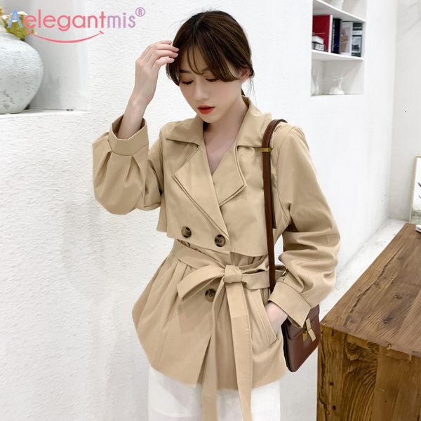 

women's cape aelegantmis autumn new women casual short trench coat fashion khaki windbreaker outerwear ladies slim coats with belt, Black