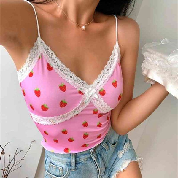 

Camisoles Fashion Vest 2021 Women' Sexy V-neck Strawberry Sling Lace Slim Fit Short Mini, Pink