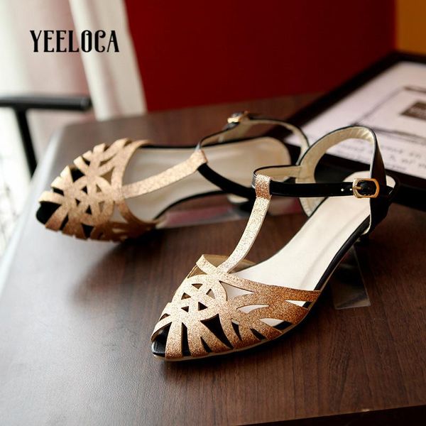 

dress shoes yeeloca 2021 summer sandals women gold peep toe fashion buckle strap med heel ladies, Black