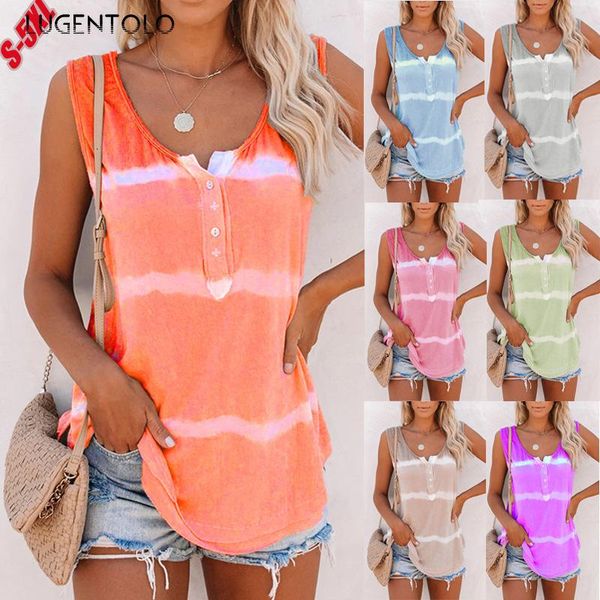 

women's t-shirt lugentolo large size women summer sleeveless loose female casual tie dye o-neck button street simple t-shirts, White