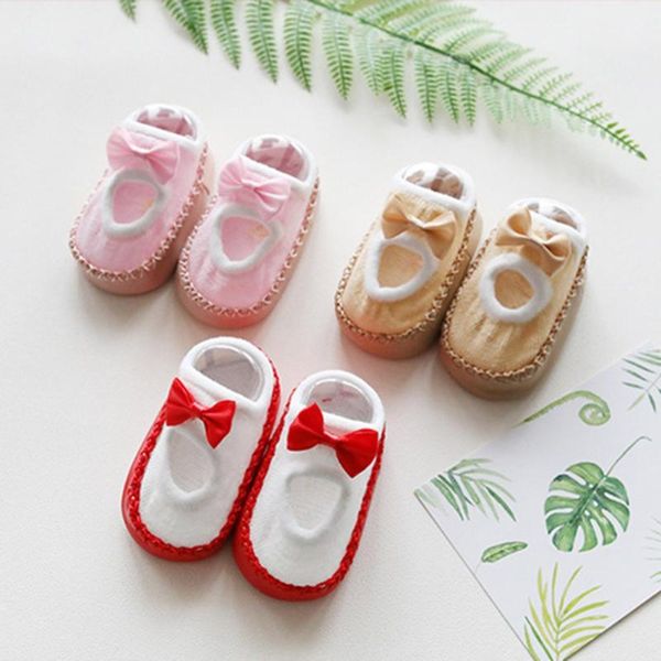 

socks spring summer non-slip leather bottom baby shoes children's floor bow 0-3 years old girl care, Pink;yellow