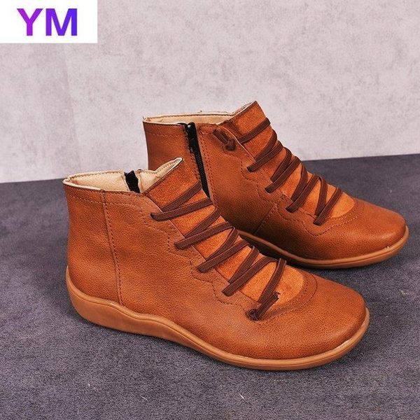 

boots 2021 women pu leather ankle ziipper autumn winter cross strappy vintage cowboy shoes woman retro work botas mujer, Black