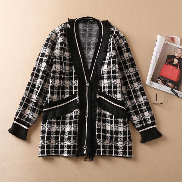 

1226 xl 2022 runway spring summer brand same style sweater long sleeve v neck striped cardigan fashion womens clothes womens yiting, White;black