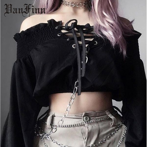 

women's t-shirt fashion dark short-cut tie hollow one-word collar off shoulder women loose-fitting set long-sleeved for girl, White
