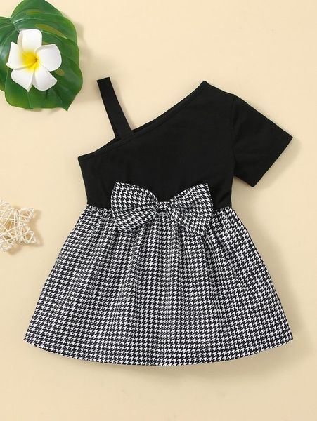 

baby houndstooth asymmetrical neck bow front dress she, Red;yellow