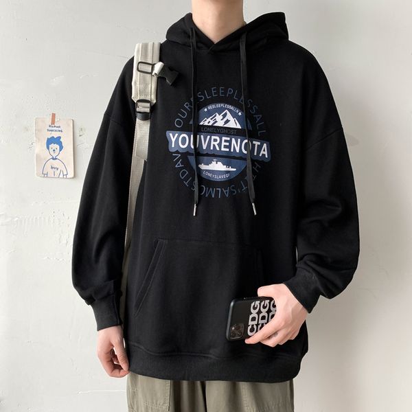 

mens sweater fall 2021 new trend printed hooded pullover jacket versatile loose sweater for boys and teenagers, Black