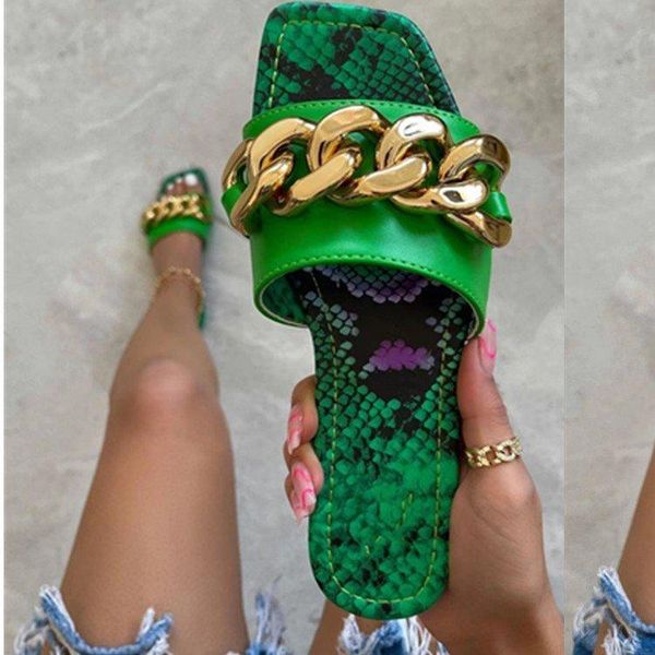 

womens slippers 2021 summer chain style square head slides flat heel mule shoes woman female plus size outdoor beach sandals, Black