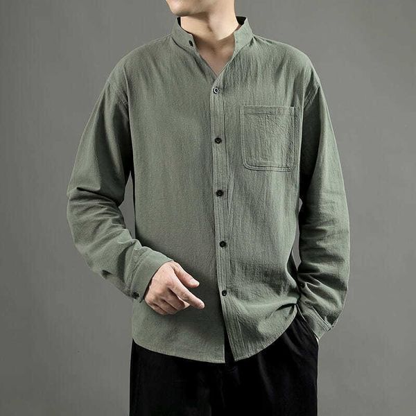 

men's casual shirts hybskr japanese stand up collar 2021 cotton linen man oversized blouses harajuku male long sleeve shirt, White;black