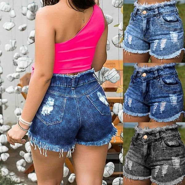 

fashion a pair of jeans 2021 women's style trend hole tassel shorts, Blue