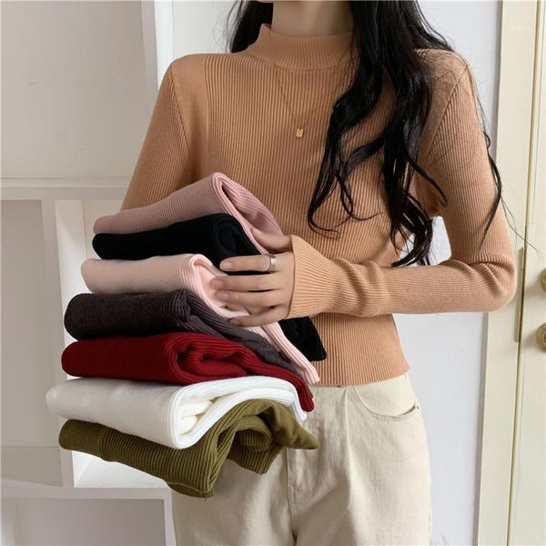 

autumn winter women's sweater 2021 half high collar pullover bottoming short solid color thickened versatile knitwear sweaters, White;black