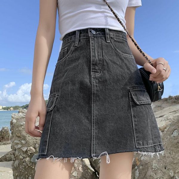 

skirts large pocket denim skirt women 2021 summer high waist hong kong style wild loose a-line, Black
