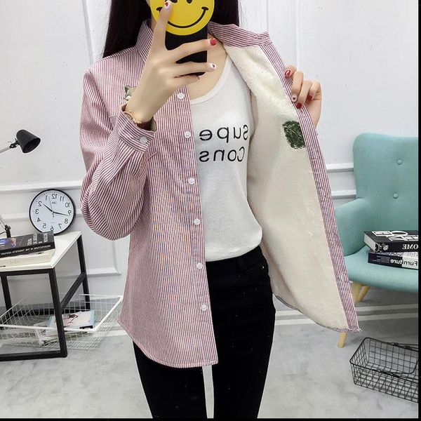 

winter velvet thick warm striped women shirt office long sleeve fox embroidery cotton outwear plus size, White