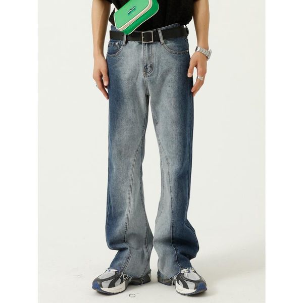 

men's jeans korean contrast color tie-dye gradient micro trumpet casual flare men 2021 four seasons vintage patchwork clothing, Blue