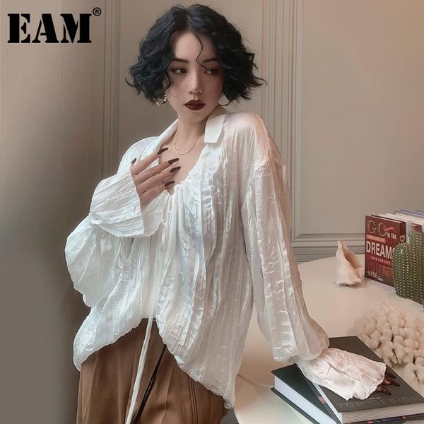

women's blouses & shirts [eam] women white pleated spliced blouse lapel long flare sleeve loose fit shirt fashion tide spring summer 20