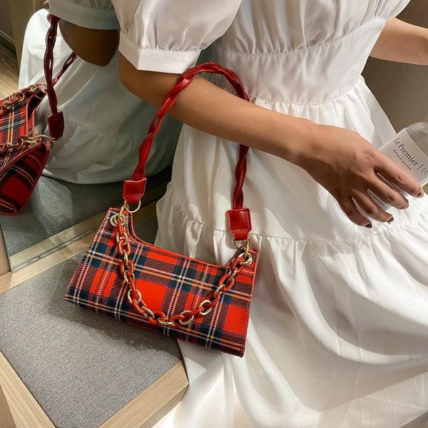 

evening bags fashion plaid ladies pu leather underarm shoulder female all match zipper armpit bag retro baguette handbags clutch purse
