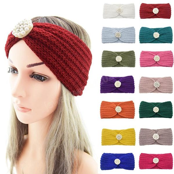 

women fashion pearls knitted headband autumn winter warm elastic hair bands ear warmer wide woolen headwear hair accessories, Silver