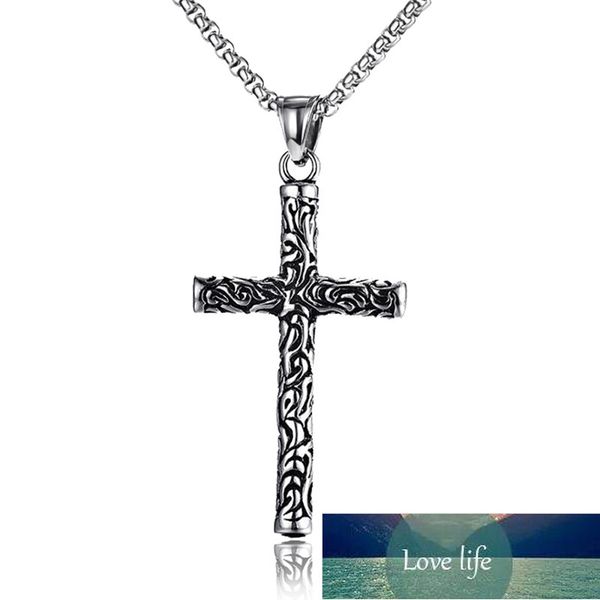 

hnsp vintage carved pattern cross necklace pendant for men, Silver