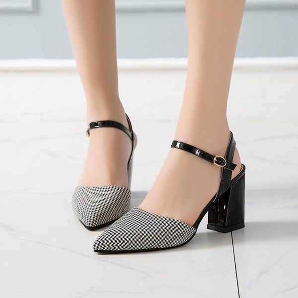 

women's shoes 2021 fashion wild square heel ladies' sandals summer casual gingham pointed toe buckle strap may8, Black