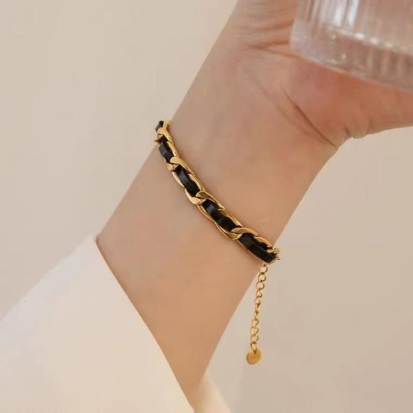 

link, chain 2021 trendy leather wrap stainless steel women bracelets female vintage versatile elegant charm bangle jewelry girls, Black