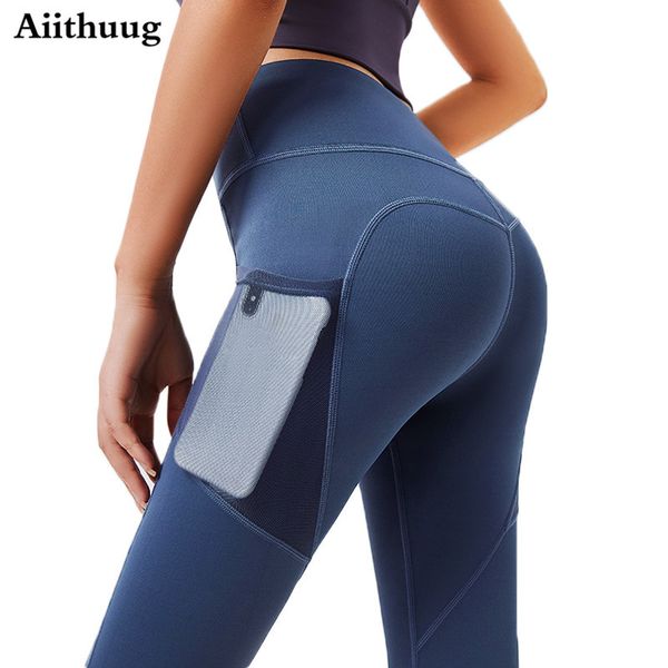 

aiithuug leggings with pockets for women high waisted tummy control workout yoga pants seamless peach butt capris mesh tights