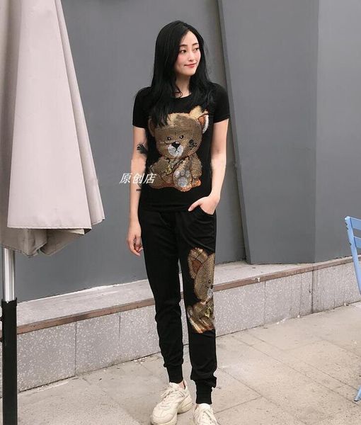 

women's two piece pants fashion 2-piece summer luxury sets young girls oversized brand diamond slim tracksuit drill, White