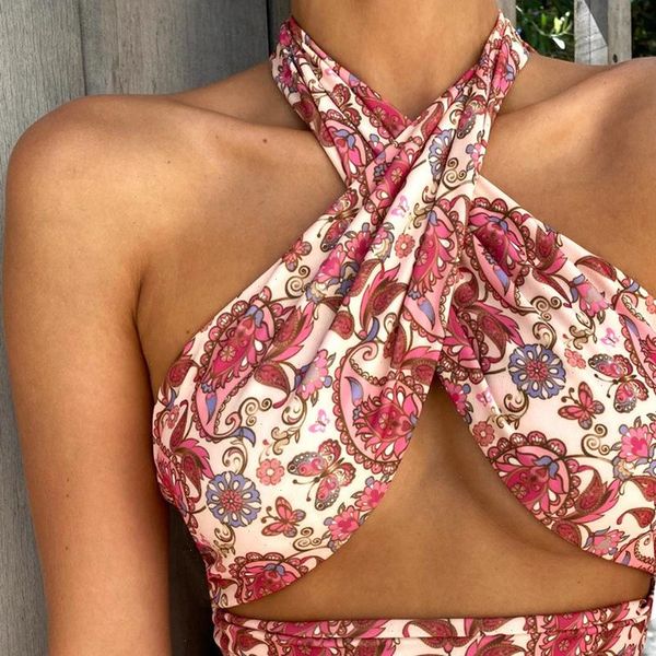 

paisley printed halter bandage womens camis backless slim club chic high street wrap summer corset, White