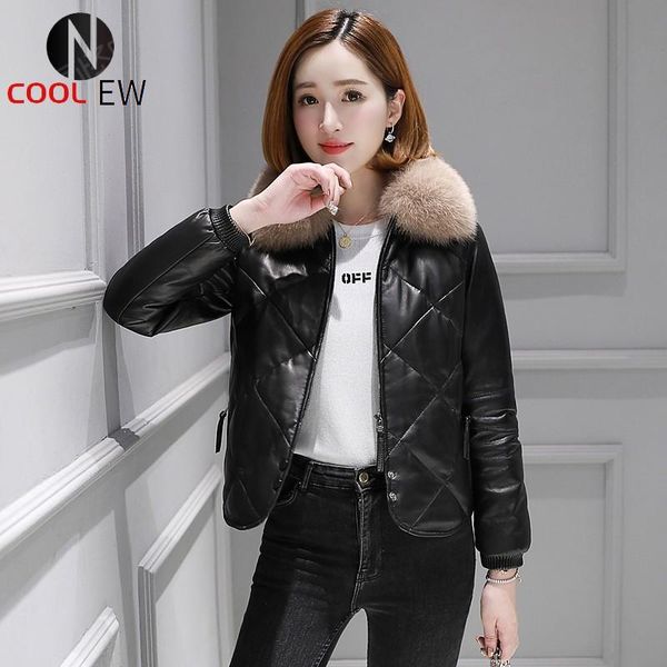 

women's leather & faux winter women short down jacket bikers fur collar sheepskin genuine casual slim fit ladies warm outwear coat, Black
