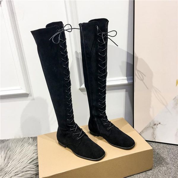 

boots stylish side zipper woman shoes black cross strap fat square heel female kid suede thigh high