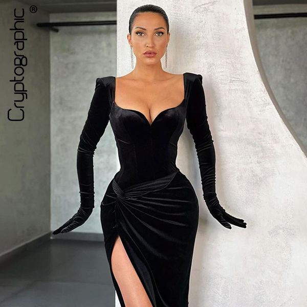

cryptographic fall winter black velvet split dresses gloves sleeve fashion gown club party midi dress for women clothing casual, Black;gray