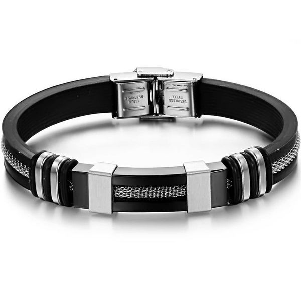 

4 colors mens leather bracelets stainless steel silicone fashion charm bangle rope bracelets, Golden;silver