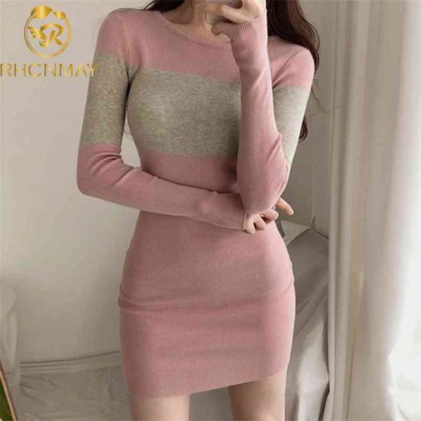 

elegant o-neck knitted dress women autumn tight fitting slim female sweater winter pullovers 210506, Black;gray