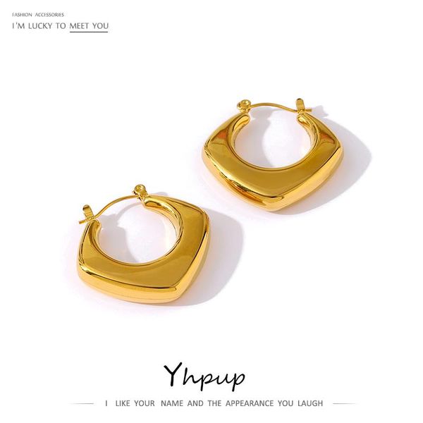 

hoop & huggie yhpup summer 2021 stainless steel earrings for women minimalist square hollow gold fashion titanium jewelry, Golden;silver