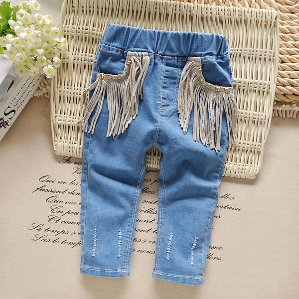 

trousers girls fashion jeans, children in the spring and autumn months, cute tassels, water wash, pencil pants, pants pants., Blue