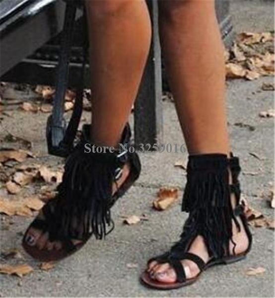 

sandals open toe suede leather flat gladiator cut-out fringes buckle women western style fashion, Black