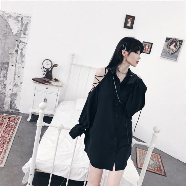 

womens blouses gothic punk women off shoulder lace up crop black blouse female loose v cool girl rock, White