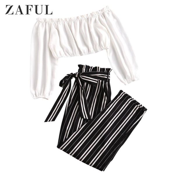 

two piece dress zaful office ladies contrast off shoulder and stripes paperbag pants set long sleeves high waisted pockets, White
