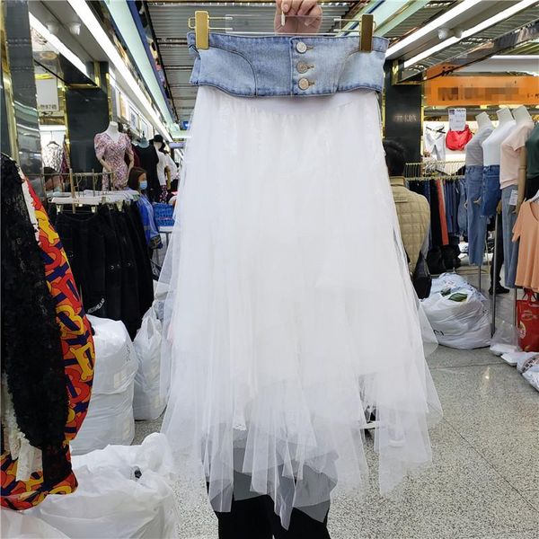 

skirts [ewq] 2021 summer sweet denim girdle stitching design white mesh skirt korea high waist party vintage qv26000l, Black