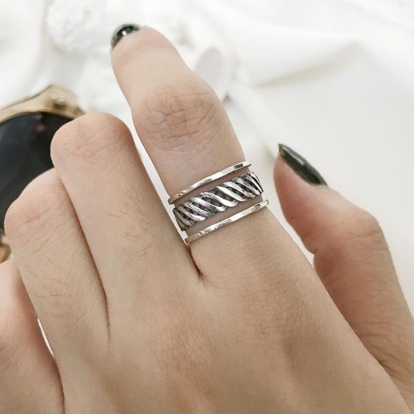 

cluster rings retro women's authentic s925 sterling silver fine jewelry lines weave braid band adjust j349, Golden;silver