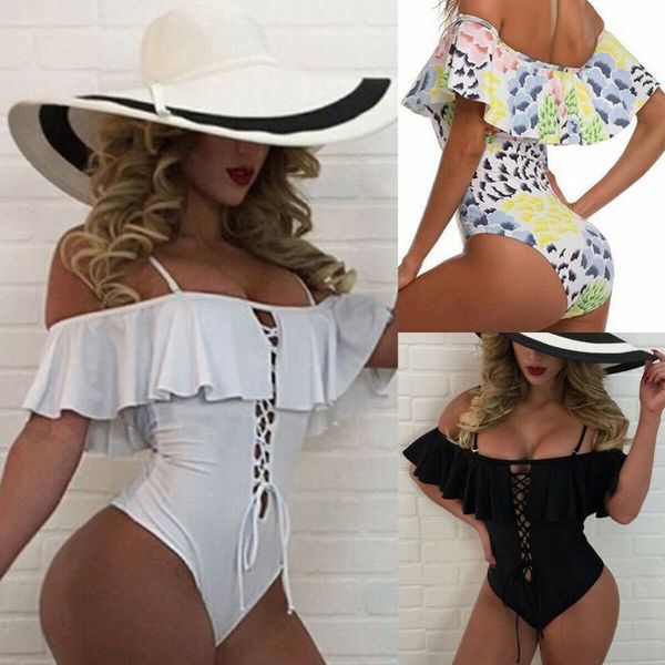 

one-piece sling ruffle off shoulder swimwear 2021 women summer padded swimsuit beahwear push up bikini monokini beachwear suits