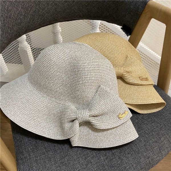 

french slant bow drill label woven sunshade fisherman's grass hat summer travel sunscreen beach hat girl, Yellow