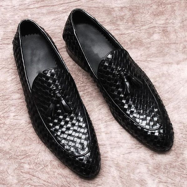 

dress shoes italian style handmade weave for men flat heel lace tassel fringe loafer wedding party, Black