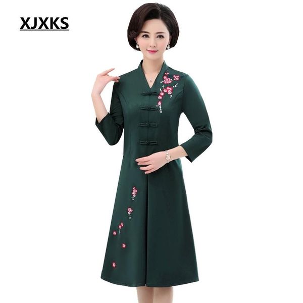 

casual dresses xjxks spring elegant for women embroidery v- neck woman plus size dress 7/10 sleeve vintage, Black;gray